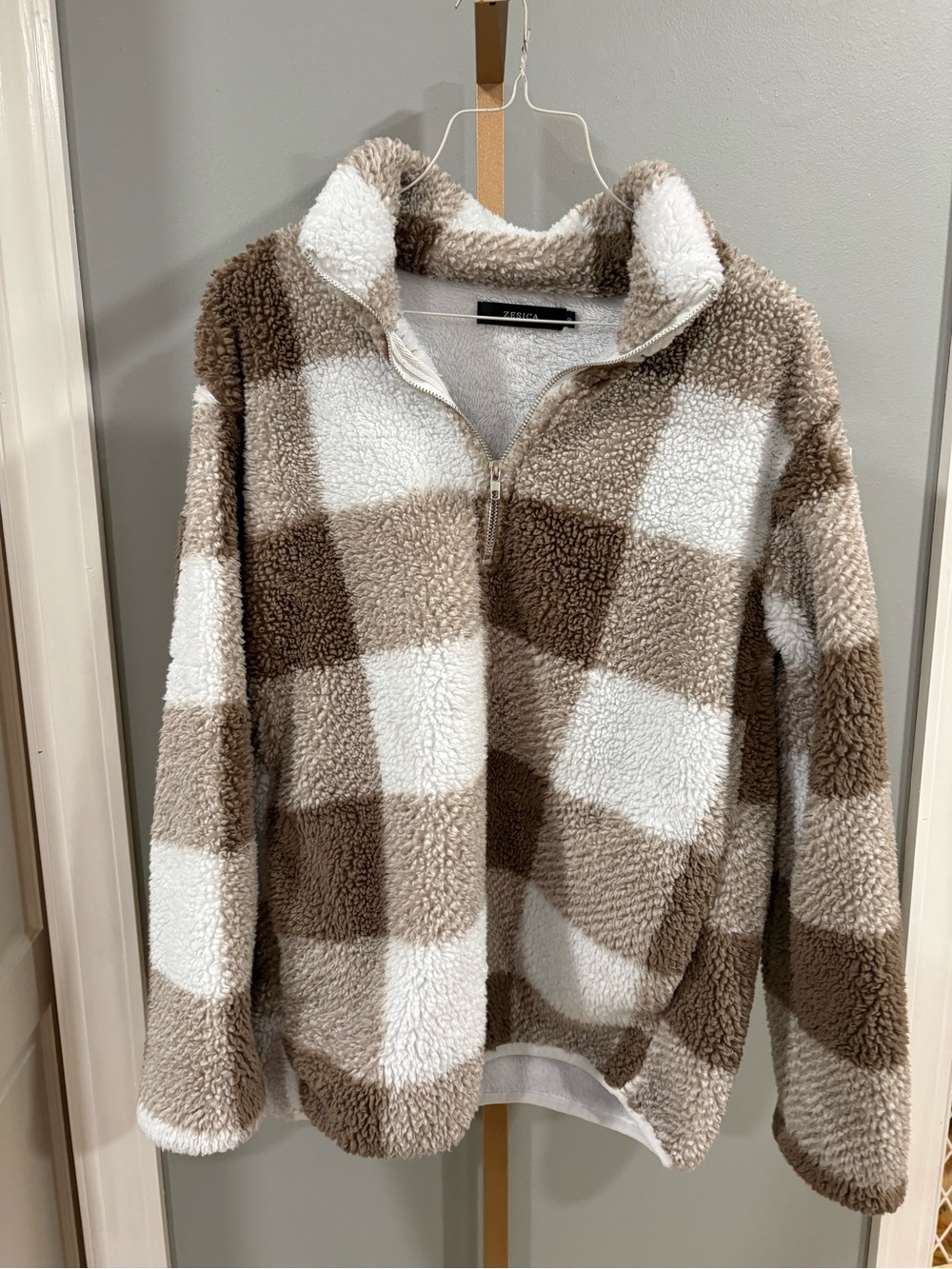 Zesica Brown & White Check Sherpa Half-Zip Pullover